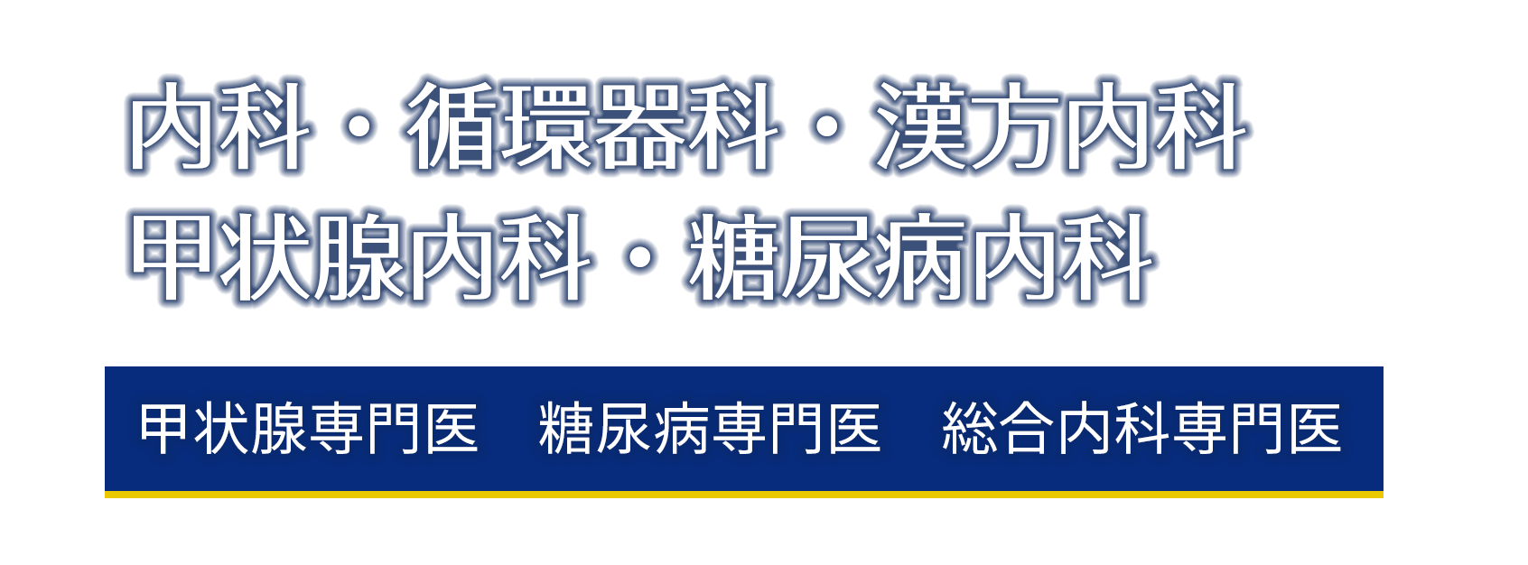 内科・循環器科・漢方内科・甲状腺内科・糖尿病内科。甲状腺専門医、糖尿病専門医、総合内科専門医